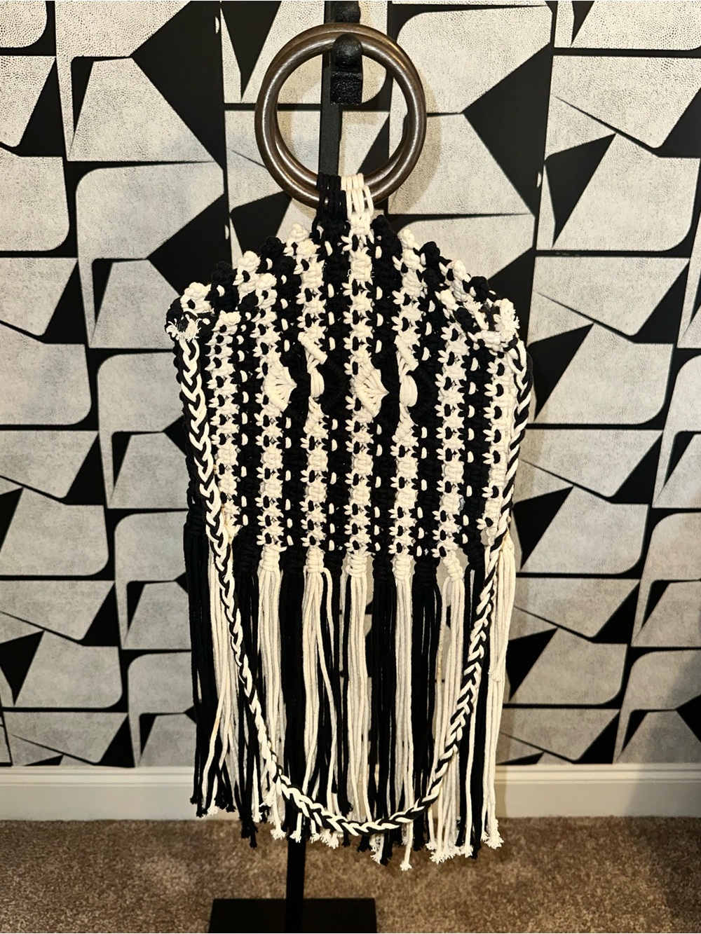 Black & White Macramé Fringe Crossbody Bag
